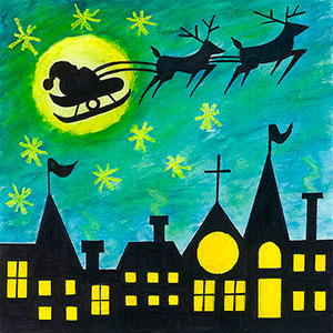 Santa & Reindeer Over Cambridge in Moonlight - Creation Art Cards