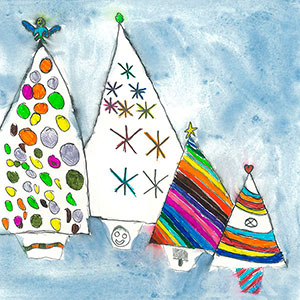 Christmas Trees - Paint & Crayon - School Christmas Card Project - Creation Art Cards