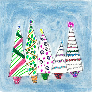 Christmas Trees - Paint & Crayon - School Christmas Card Project - Creation Art Cards