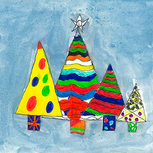 Christmas Trees - Paint & Crayon - School Christmas Card Project - Creation Art Cards